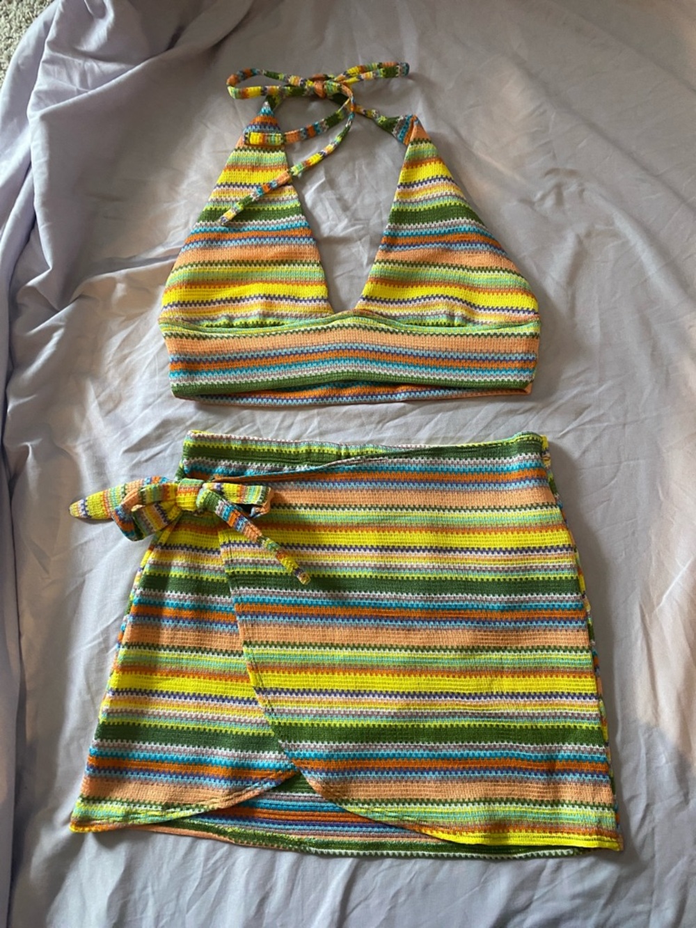 Striped Crochet Two-Piece Beach Set - Yellow, Green, Blue, Orange
